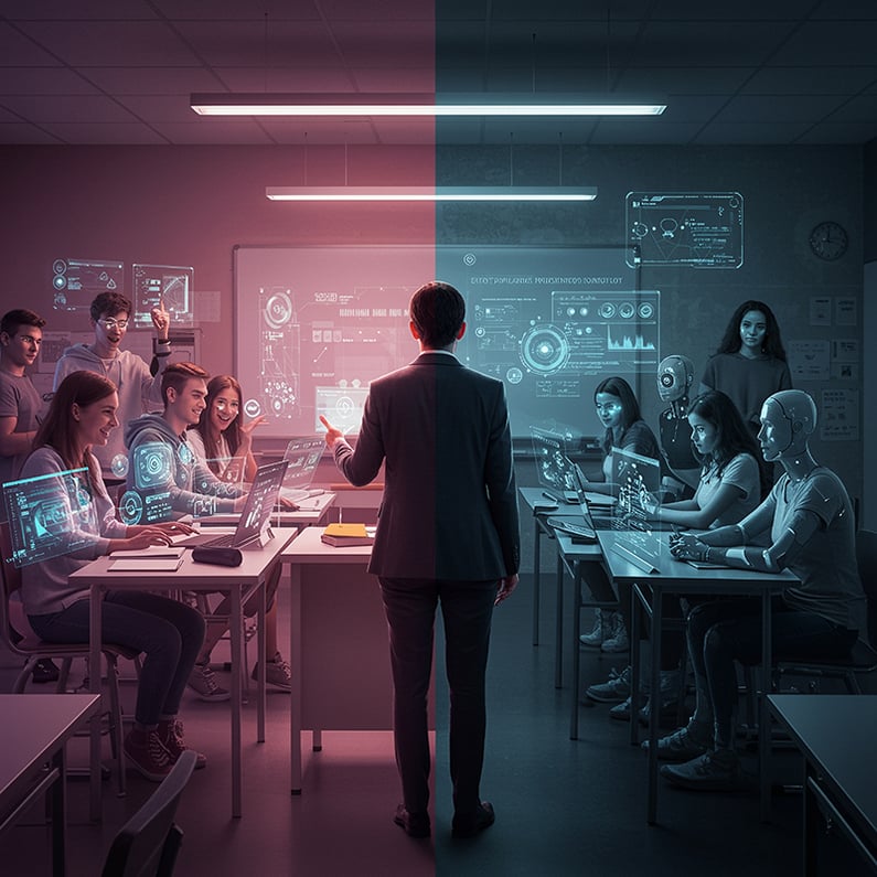 A teacher in front of a divided classroom, one side shows students happily engaging with AI while the other side shows apathic students looking at their screens