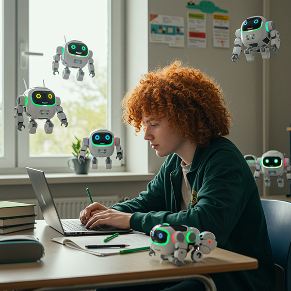 Teenage boy sat with laptop and surrounded by little robots