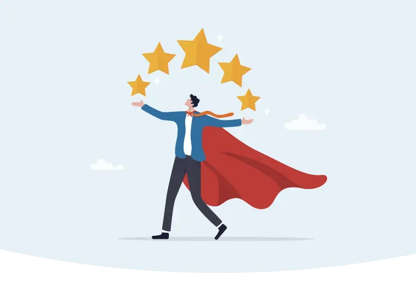 A concept representing confidence. A man wearing a cape with an arch of 5 stars above him to suggest the Best LMS. A concept representing confidence. A man wearing a cape with an arch of 5 stars above him to suggest the Best LMS.