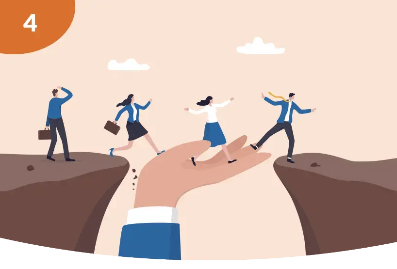 A concept representing customer support. Customers on a cliff edge are assisted by a giant helping hand, allowing the customers to reach the other side of the cliff. A concept representing customer support. Customers on a cliff edge are assisted by a giant helping hand, allowing the customers to reach the other side of the cliff.