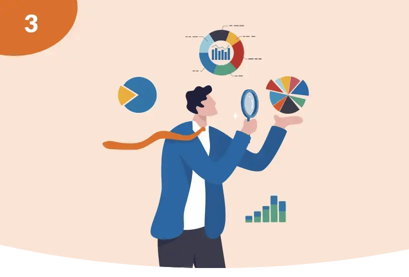 A concept representing Data Insight. A man looking closely at some bar charts A concept representing Data Insight. A man looking closely at some bar charts