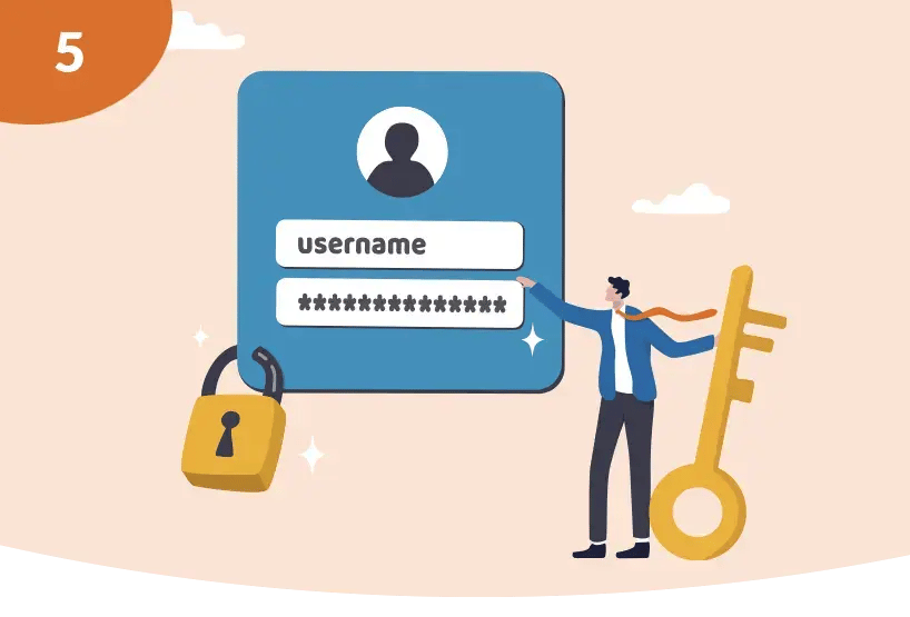 A concept representing online security. A man standing next to a password credential screen with a padlock and a key. A concept representing online security. A man standing next to a password credential screen with a padlock and a key.