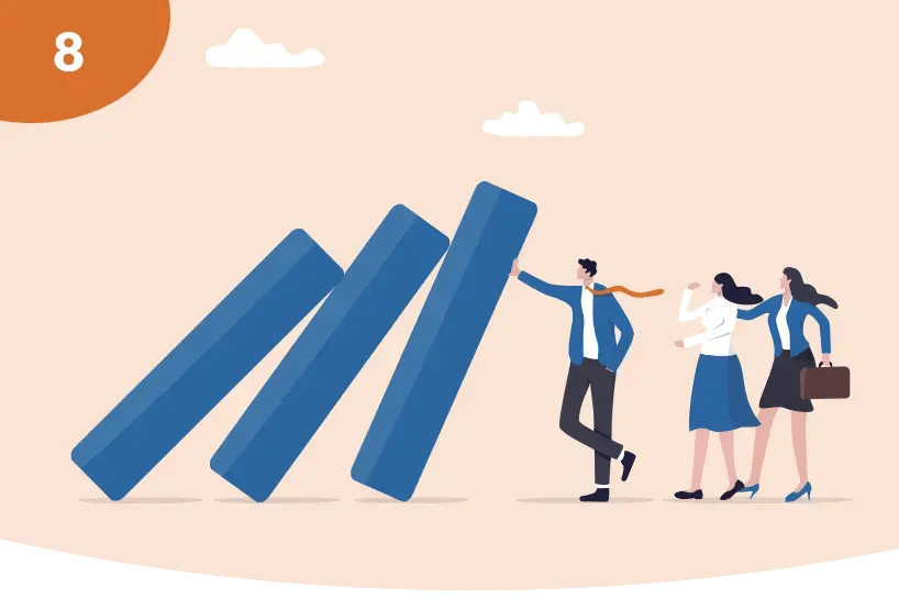 A concept representing reliability. A group of people are ready to support a bunch of large towers should they fall. A concept representing reliability. A group of people are ready to support a bunch of large towers should they fall.
