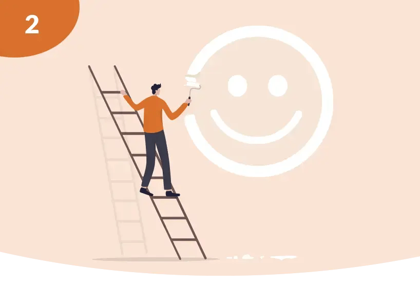 A concept representing simple tools. A man up a ladder painting a smiley face on the wall. A concept representing simple tools. A man up a ladder painting a smiley face on the wall.