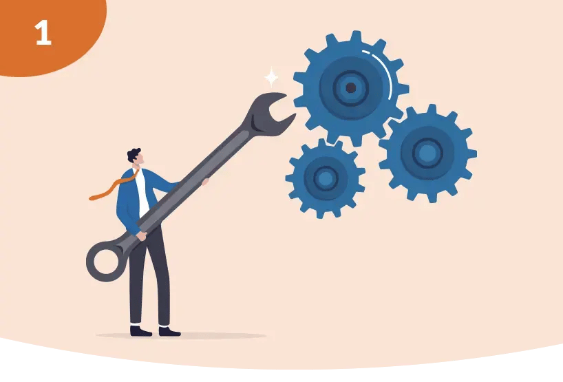 A concept representing Technical management. A man holding a wrench attempting to turn three cogs linking together. A concept representing Technical management. A man holding a wrench attempting to turn three cogs linking together.